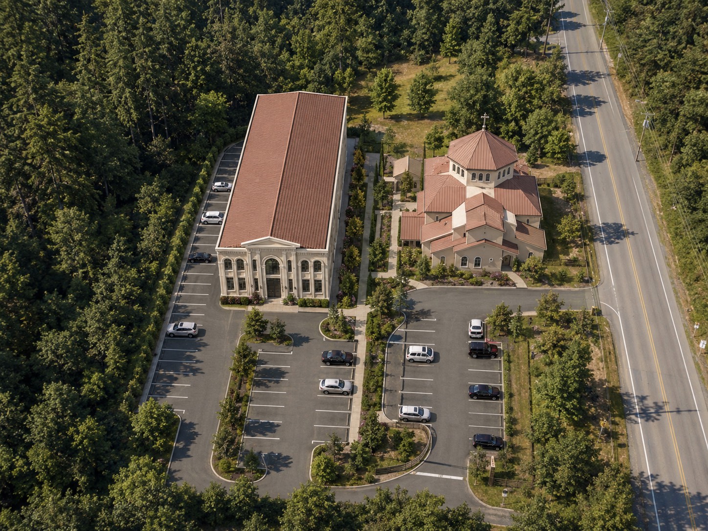Aerial rendering of the church campus with the new Community Center to the west and expanded parking