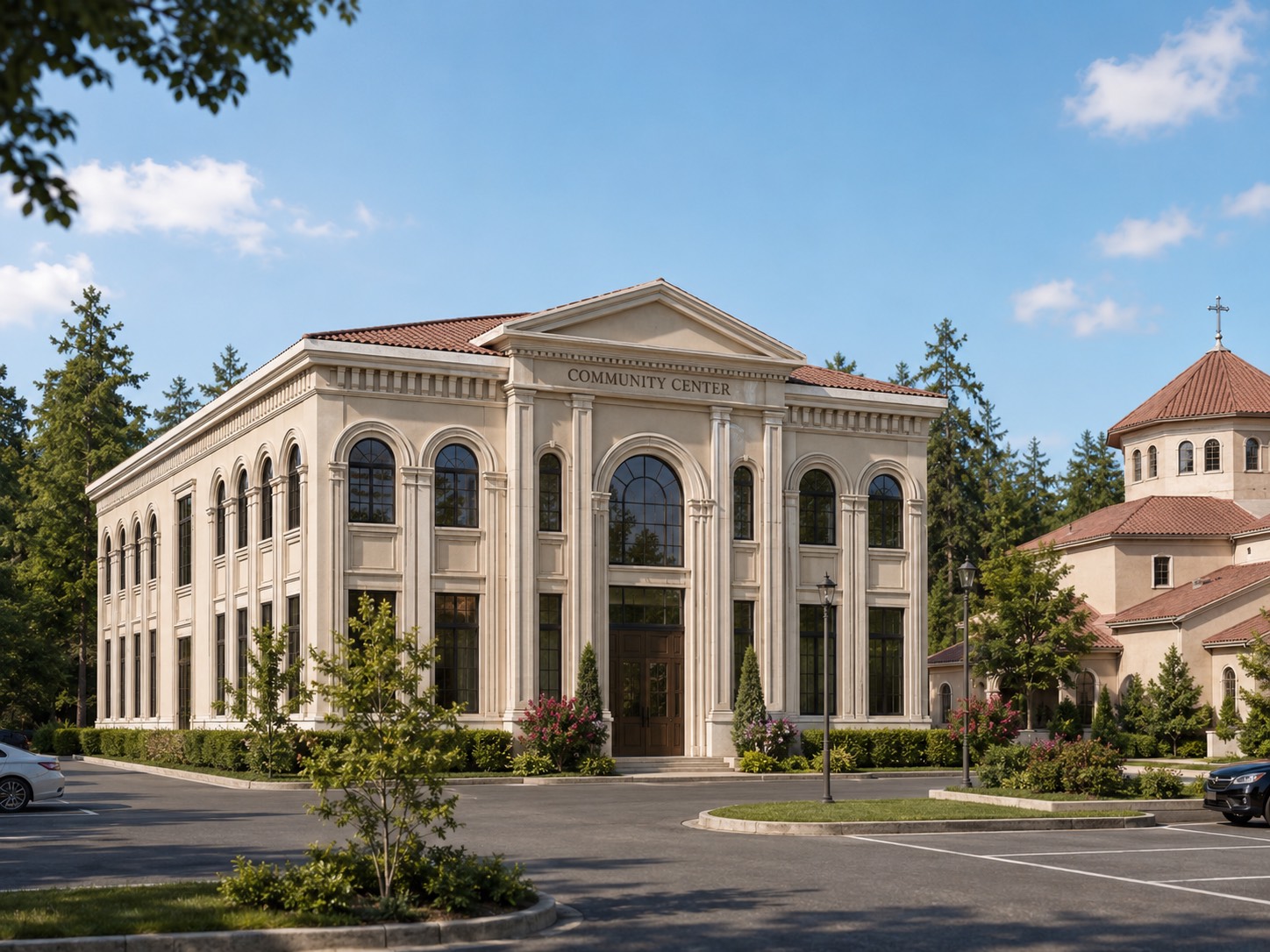 Rendering of the two-story Community Center with arched windows, standing beside the church in Redmond