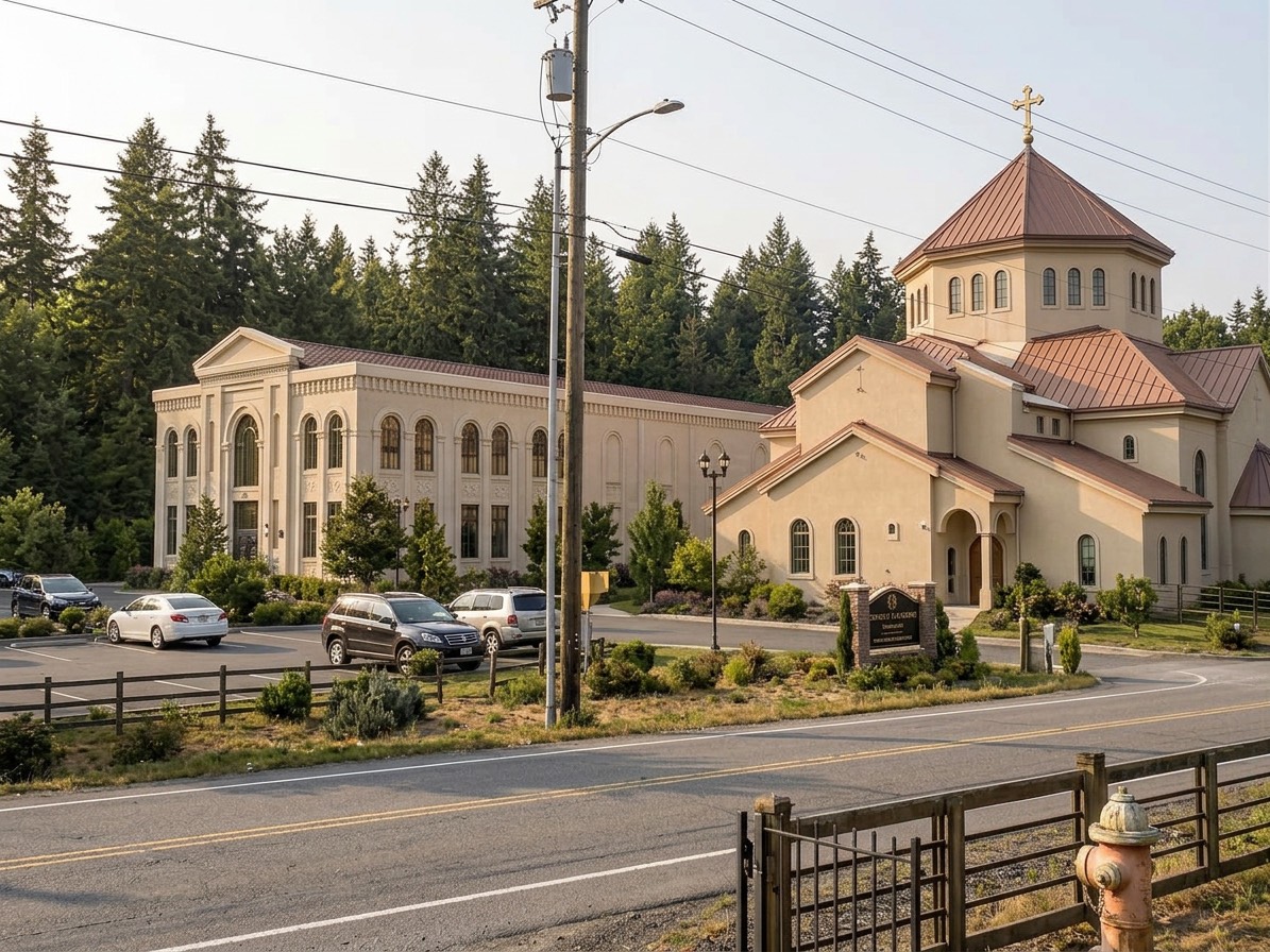 Street view rendering of the church and the new Community Center behind it
